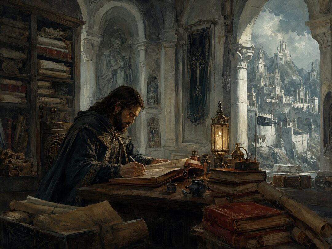 Findegil the King’s Writer copying a manuscript in a quiet Minas Tirith scriptorium.