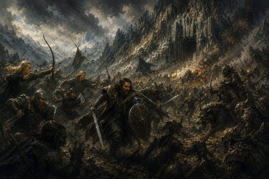 Dwarves, Elves, and Men fighting together against Goblins and Wargs during the Battle of Five Armies.
