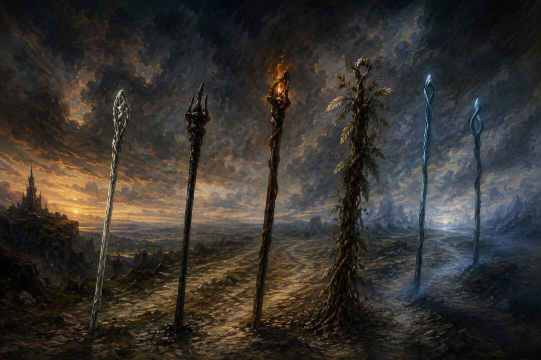 Five wizard staffs on a lonely road symbolizing the different fates of the Istari.