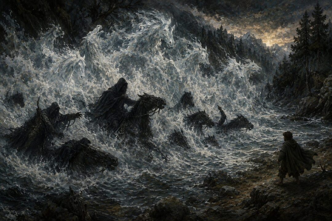 The flood at the Ford of Bruinen overwhelming the Nazgûl and their horses