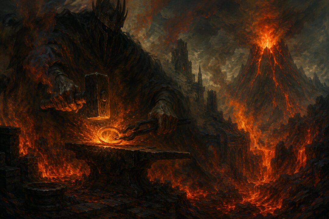 Sauron’s shadowed hands forge the One Ring in the fires of Orodruin.