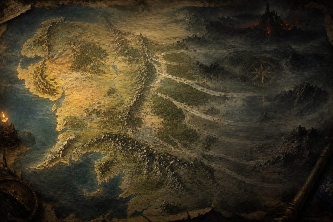 Symbolic view of Middle-earth showing the mysterious eastern lands and ancient westward migrations.