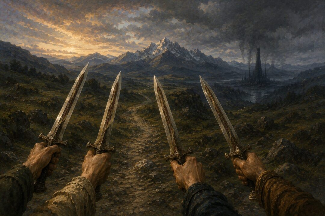 Four hobbits holding Barrow-blades as they continue their journey east into Middle-earth.