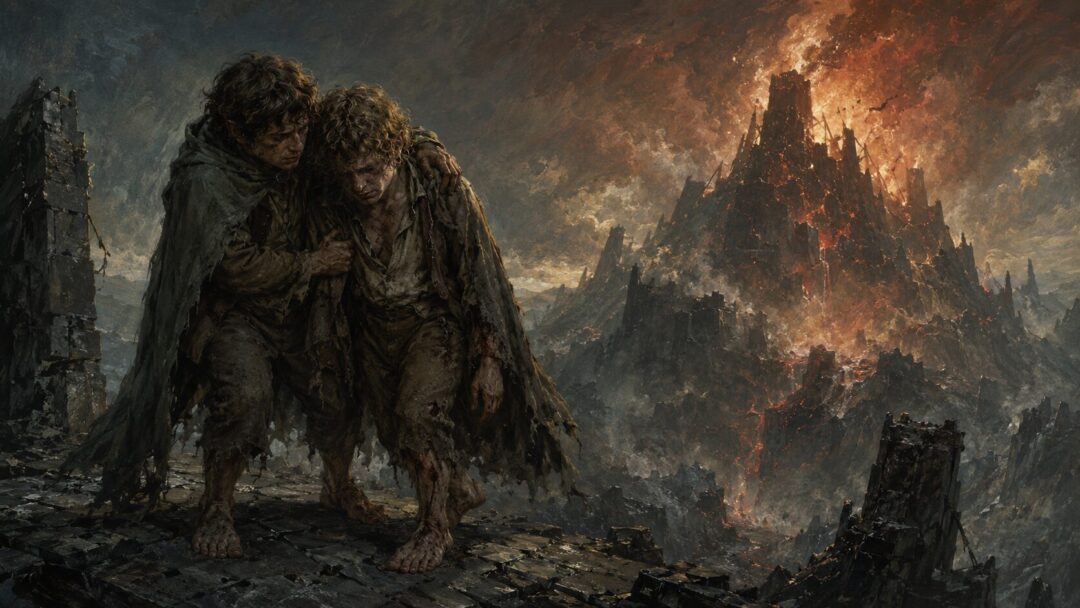 Frodo and Sam stand together on a ruined ledge near the Cracks of Doom after the Ring is gone.