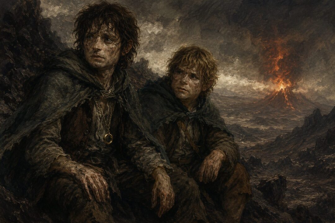 Frodo and Sam crossing Mordor with Frodo carrying the One Ring and showing signs of exhaustion