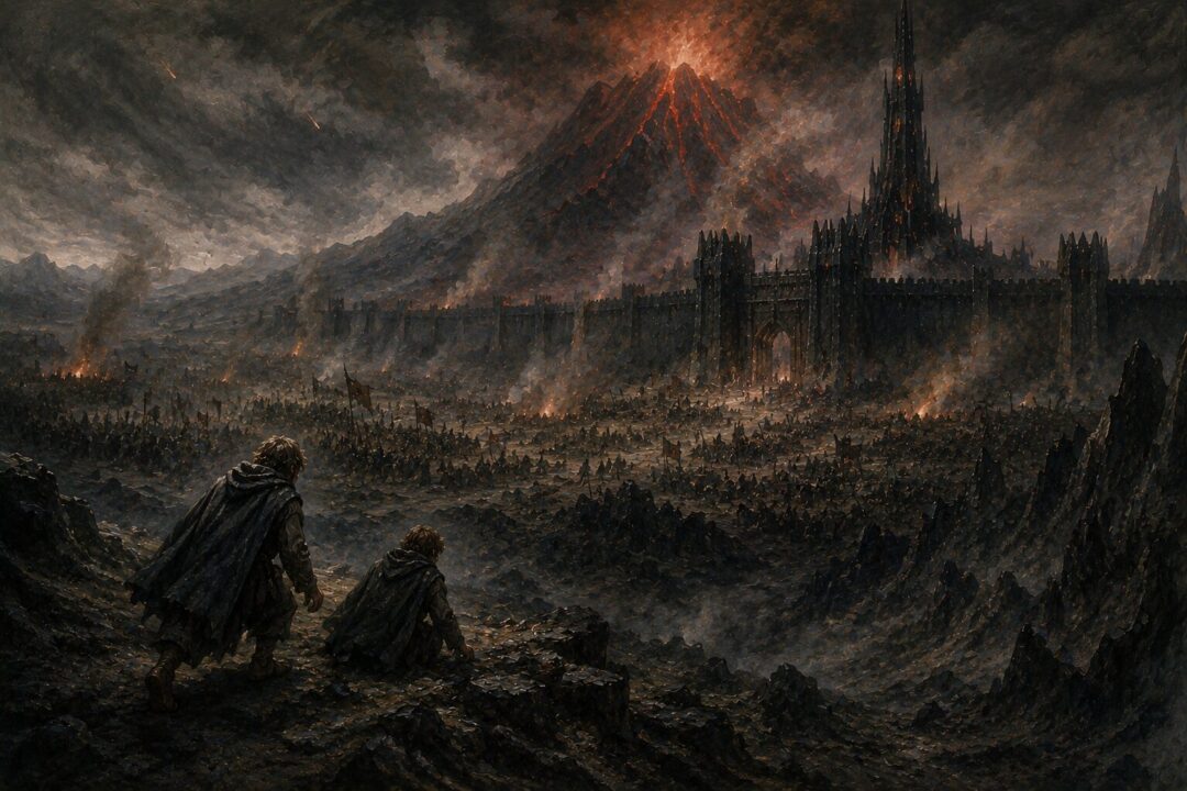 Frodo and Sam approaching Mount Doom while the war distracts Sauron's attention