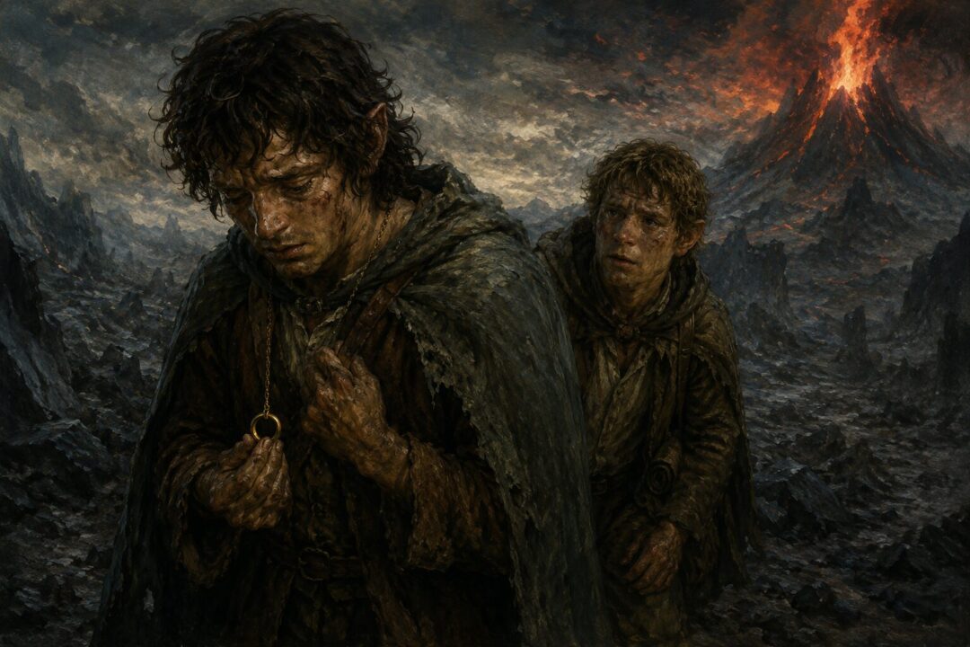 Frodo clutches the Ring while Sam watches him near the ash-covered slopes of Mount Doom.