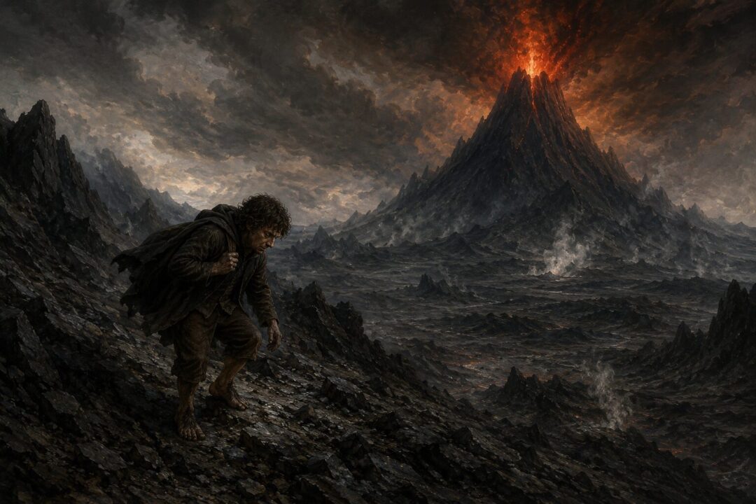 Frodo climbing toward Mount Doom while carrying the burden of the One Ring.