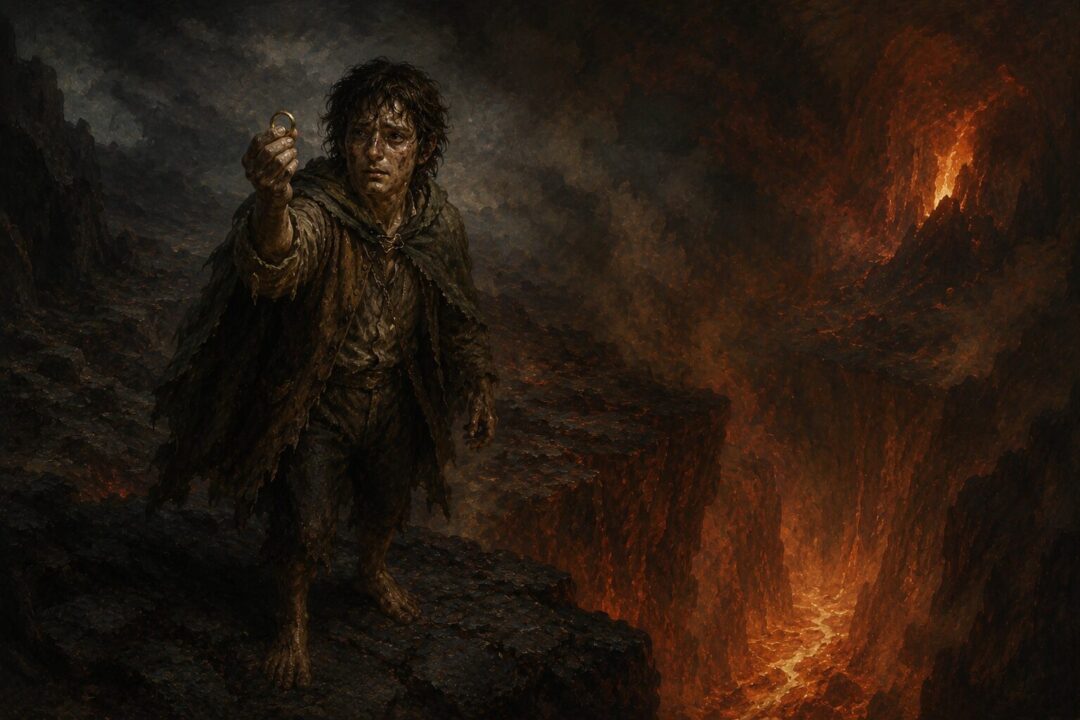 Frodo standing inside Mount Doom during the final confrontation with the One Ring