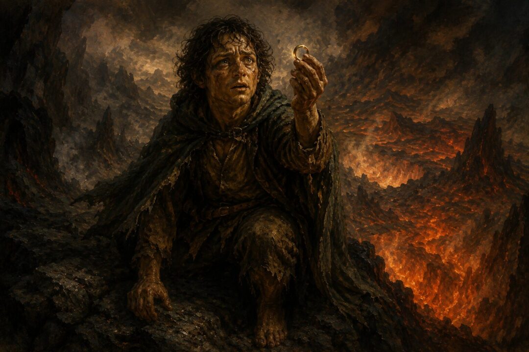 Frodo standing inside Sammath Naur facing the final temptation of the One Ring.