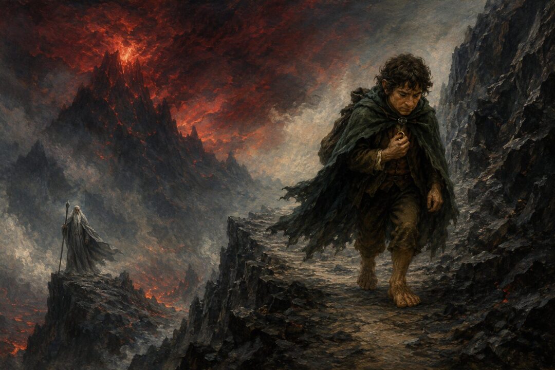 A small hobbit climbs a volcanic path while Gandalf remains behind, refusing to seize the Ring’s burden.