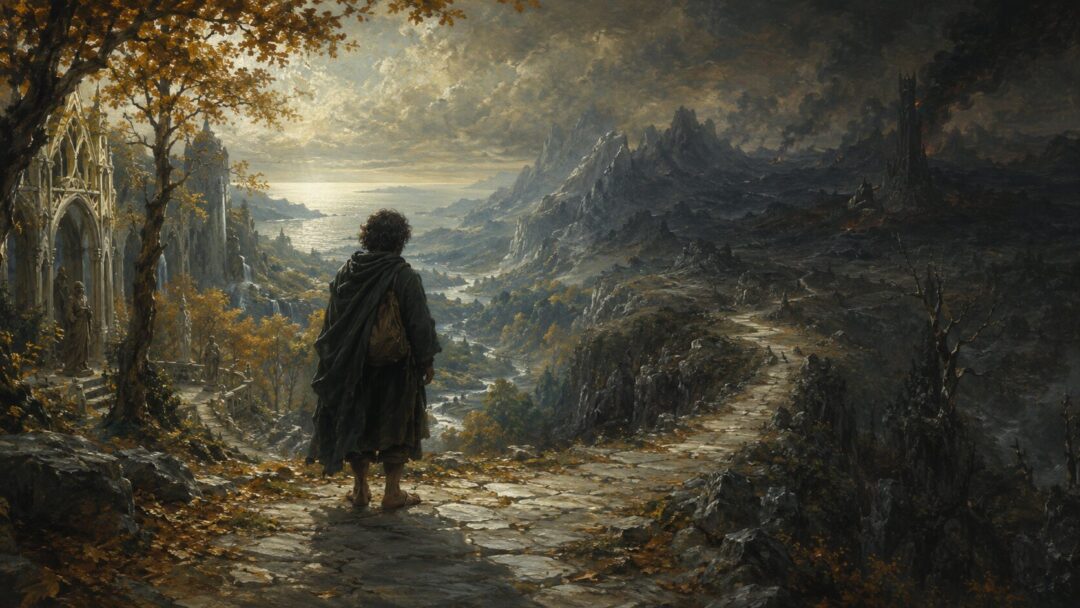 Frodo leaves Rivendell with the Ring hidden beneath his clothing as the road darkens ahead.
