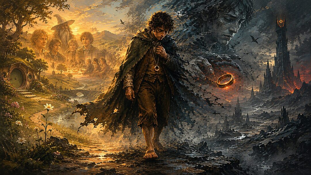 Symbolic image of Frodo walking through shadow as memories of the Shire fade behind him