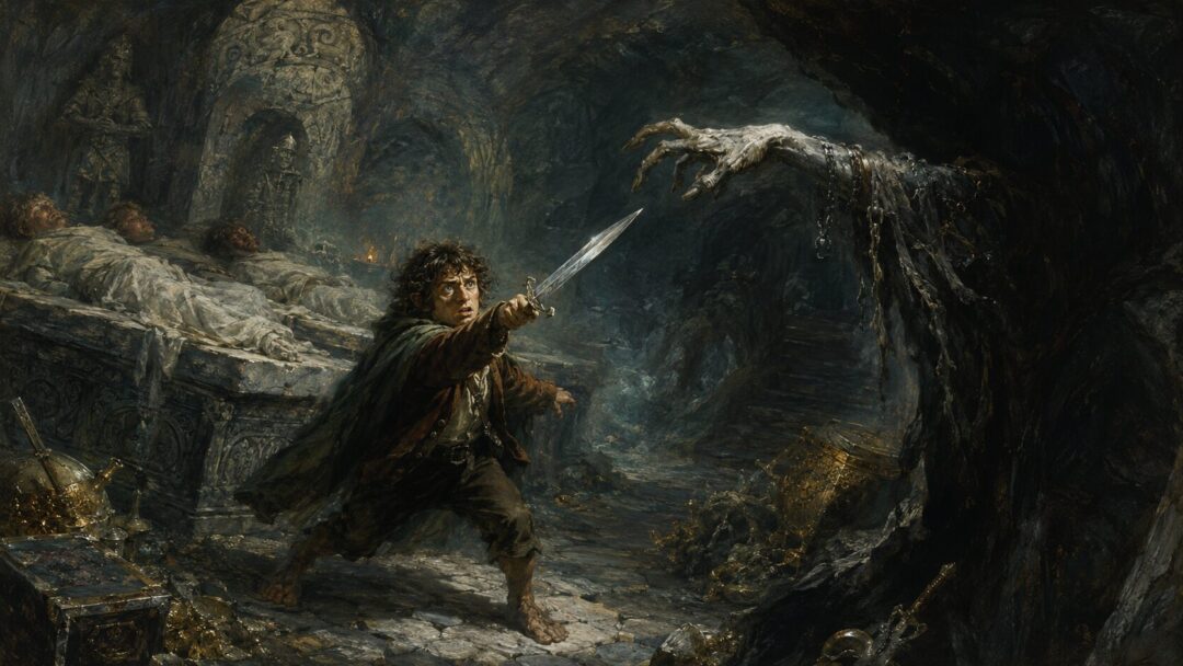 Frodo raises an ancient short sword inside the barrow while his companions sleep behind him.