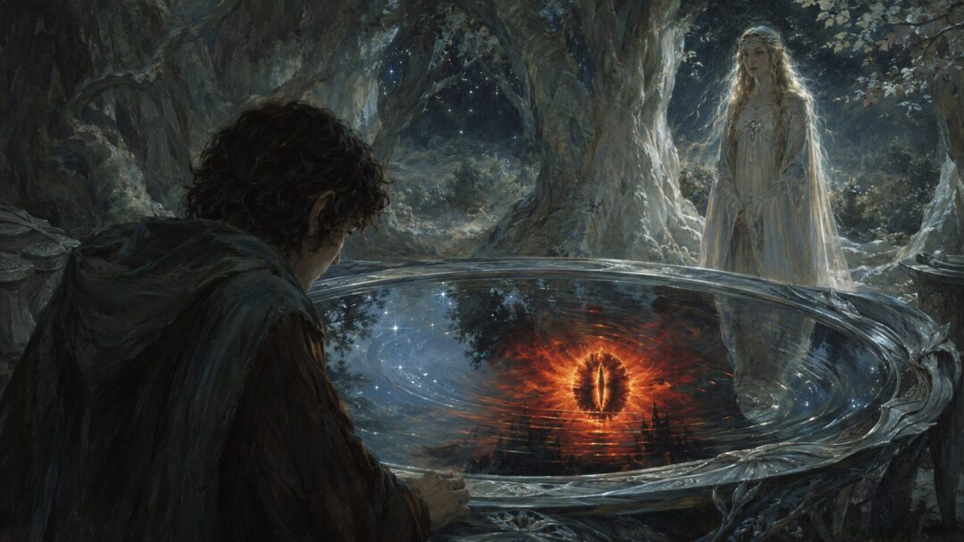Frodo looks into Galadriel’s Mirror as the reflected water reveals a searching fiery Eye.