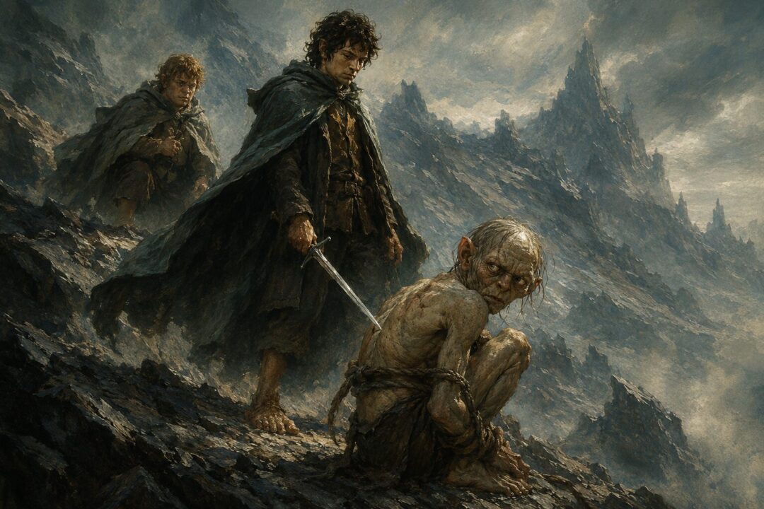 Frodo shows cautious mercy to a bound Gollum in the broken hills of Emyn Muil.