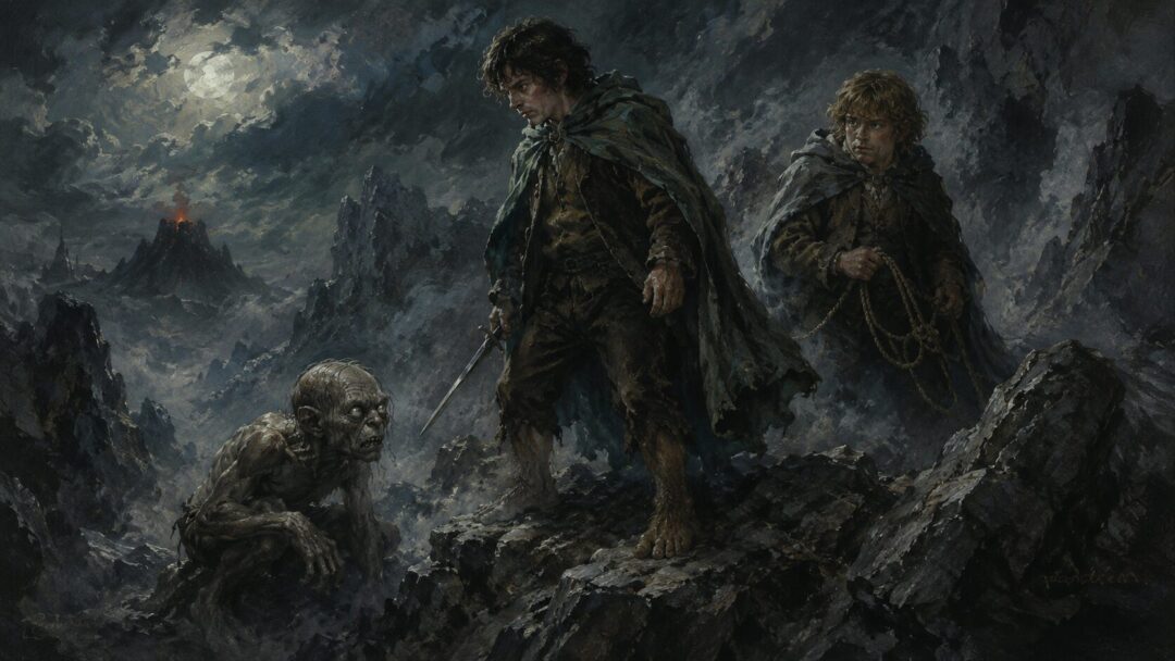 Frodo stands sternly over the captured Gollum in the rocky Emyn Muil while Sam watches with Elvish rope.