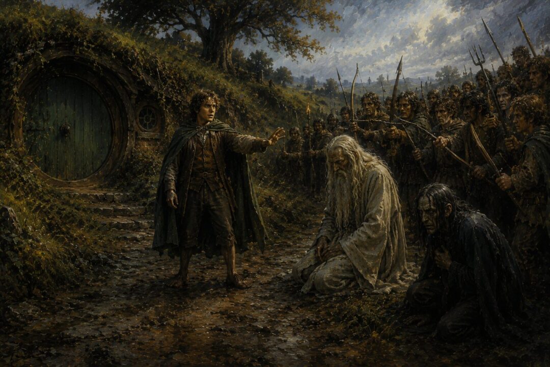 Frodo restrains angry hobbits and shows mercy to Saruman outside Bag End.