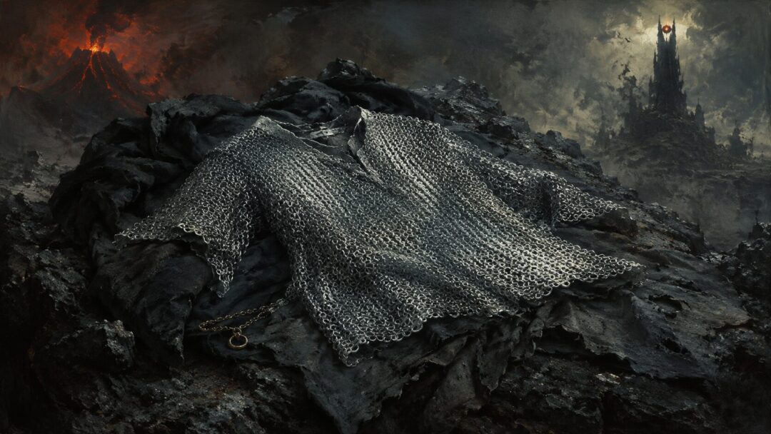 Frodo’s small mithril coat lying on torn dark garments against black volcanic stone in Mordor.