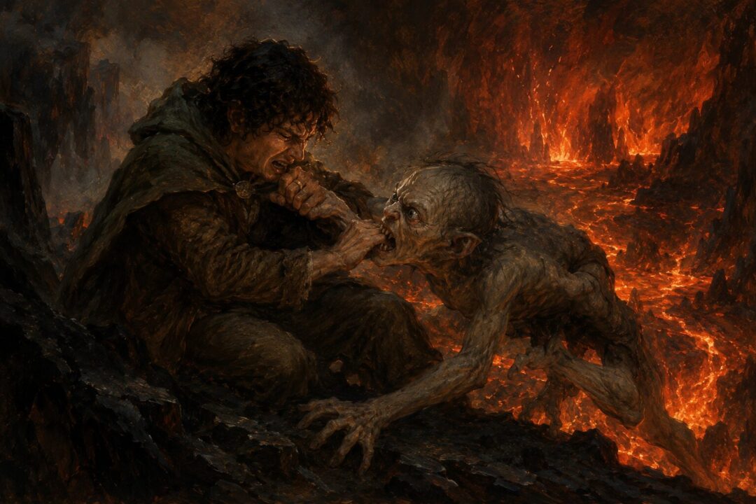 Frodo at the Crack of Doom during the final struggle that leaves him missing a finger.