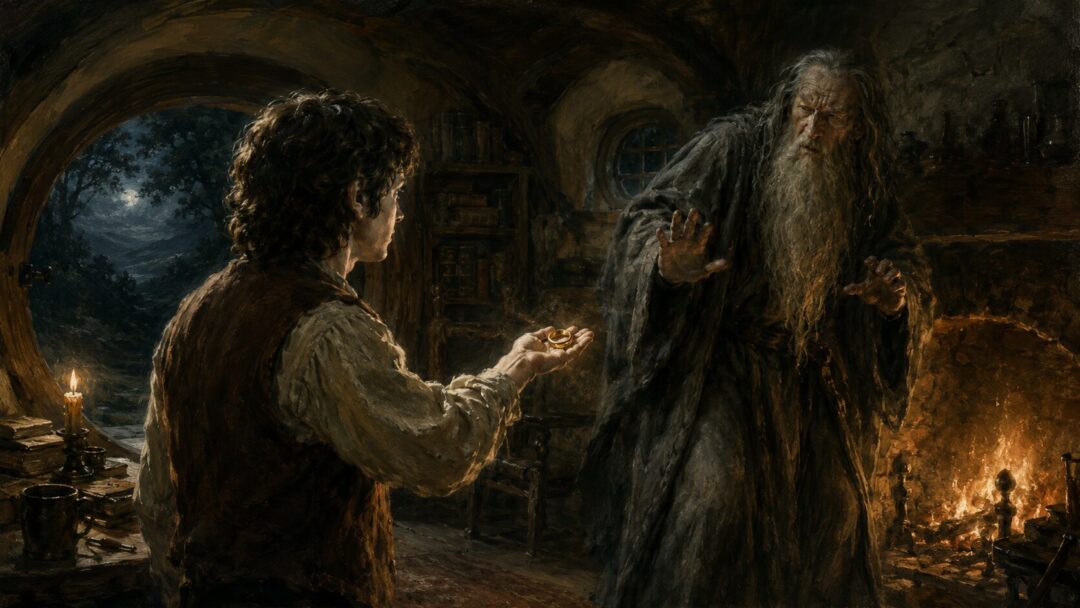 Frodo holds the One Ring in Bag End while Gandalf recoils from its temptation.