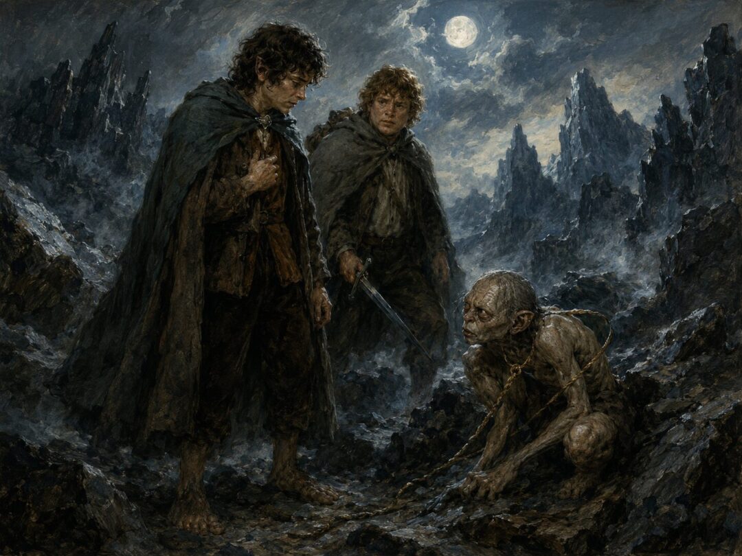 Frodo looks with guarded pity at bound Gollum in the rocky Emyn Muil while Sam watches suspiciously.