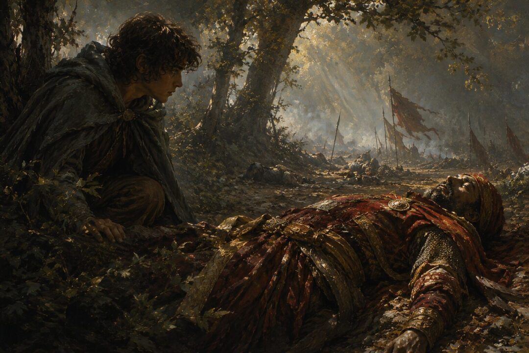 Frodo looking with compassion upon a fallen Southron warrior in Ithilien.