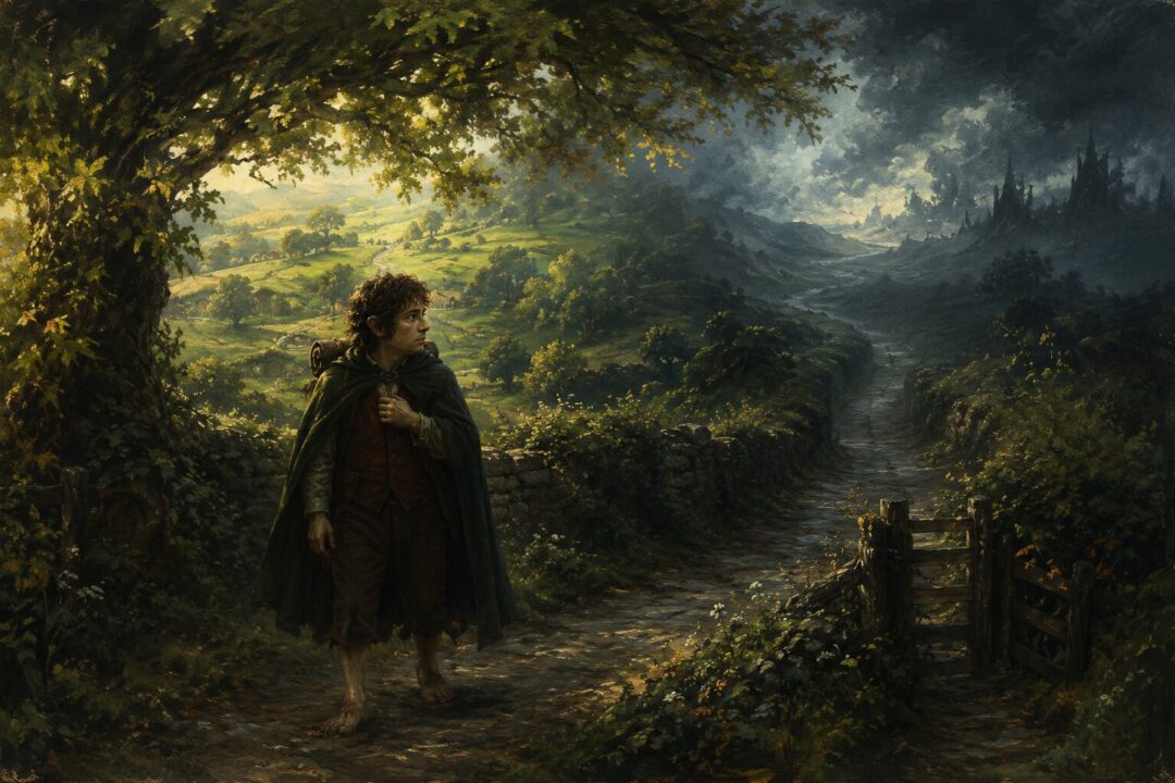 Frodo touching the hidden Ring on its chain while leaving the green Shire on a darkening road.