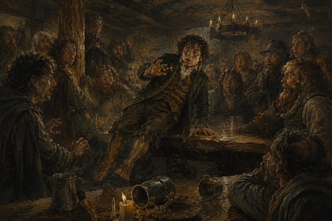 Frodo stumbling as the One Ring causes his sudden disappearance before shocked witnesses