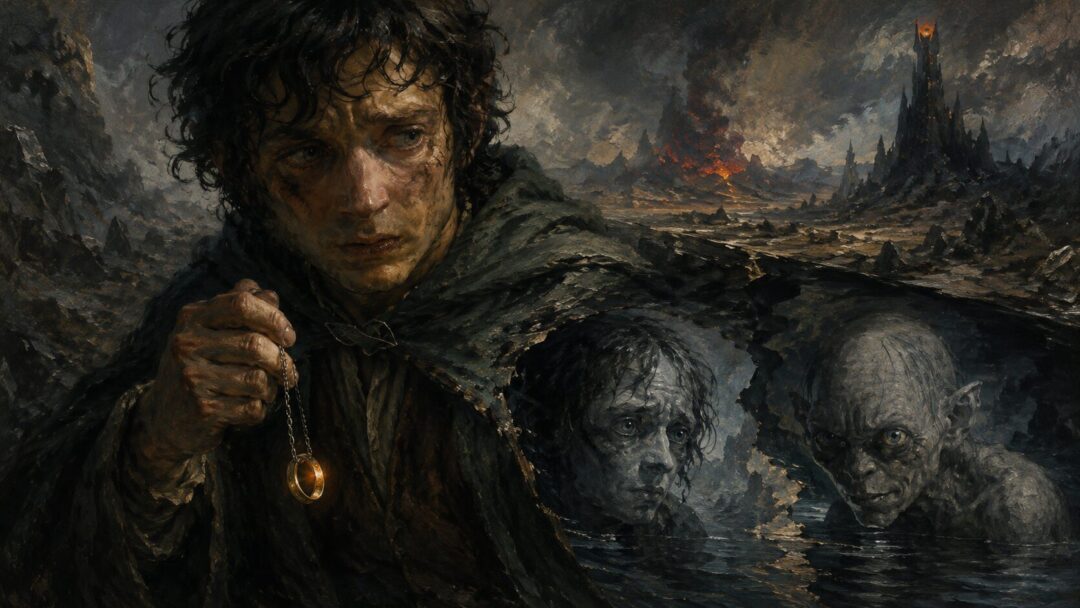 Frodo holds the Ring while the divided shadow of Sméagol and Gollum appears behind him like a dark reflection.