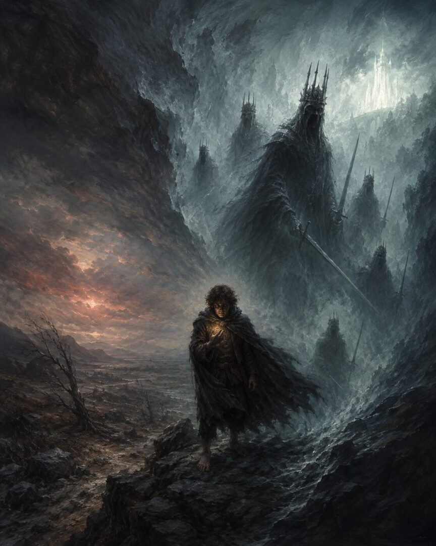 Frodo is drawn into the Unseen world by the Ring and sees pale wraiths revealed before him.