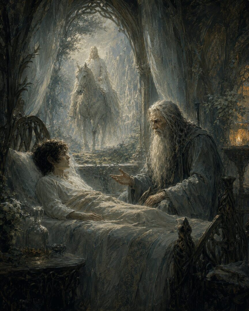 Frodo recovers in Rivendell while a vision of Glorfindel’s hidden white power appears behind him.