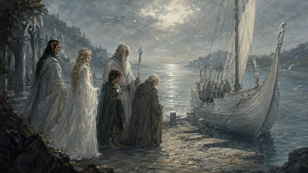 Frodo stands at the Grey Havens before sailing West, with Arwen’s absence suggested by empty light near the quay.