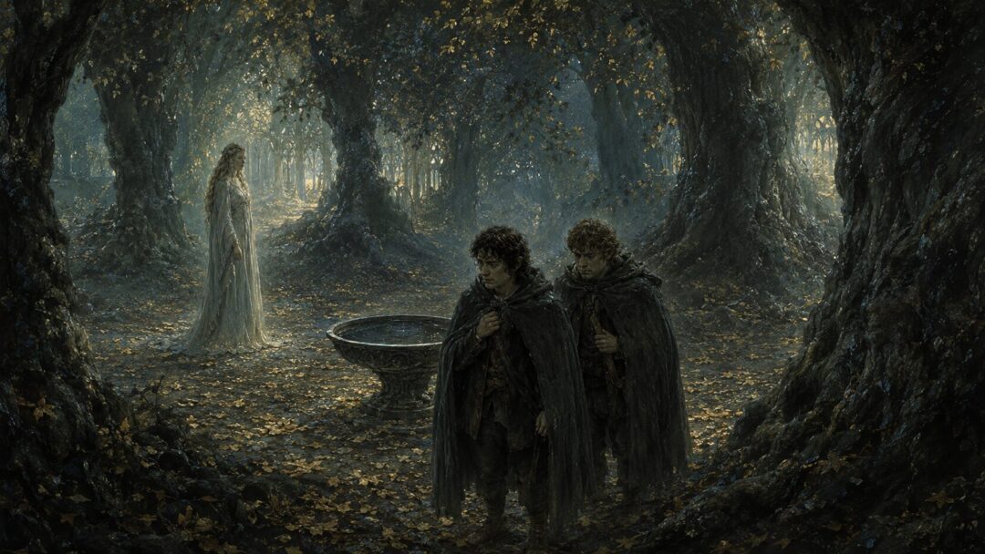 Frodo and Sam stand quietly beneath the mallorn trees of Lothlórien after seeing Galadriel’s Mirror.
