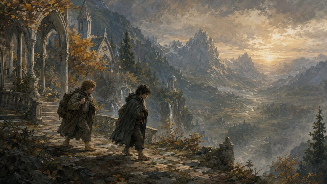 Frodo and Sam leave Rivendell on foot at dawn, beginning the long road toward Mordor.