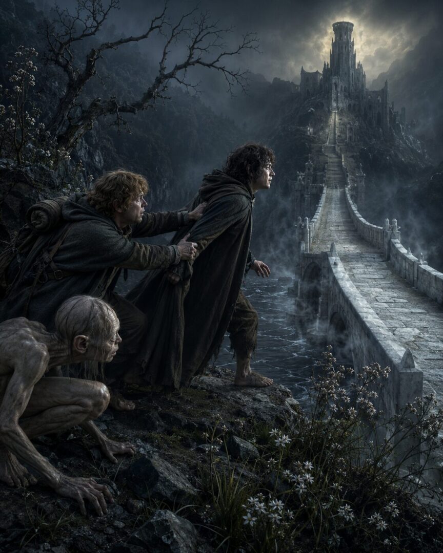 Frodo being drawn toward the Morgul bridge while Sam reaches to stop him and Gollum crouches nearby.