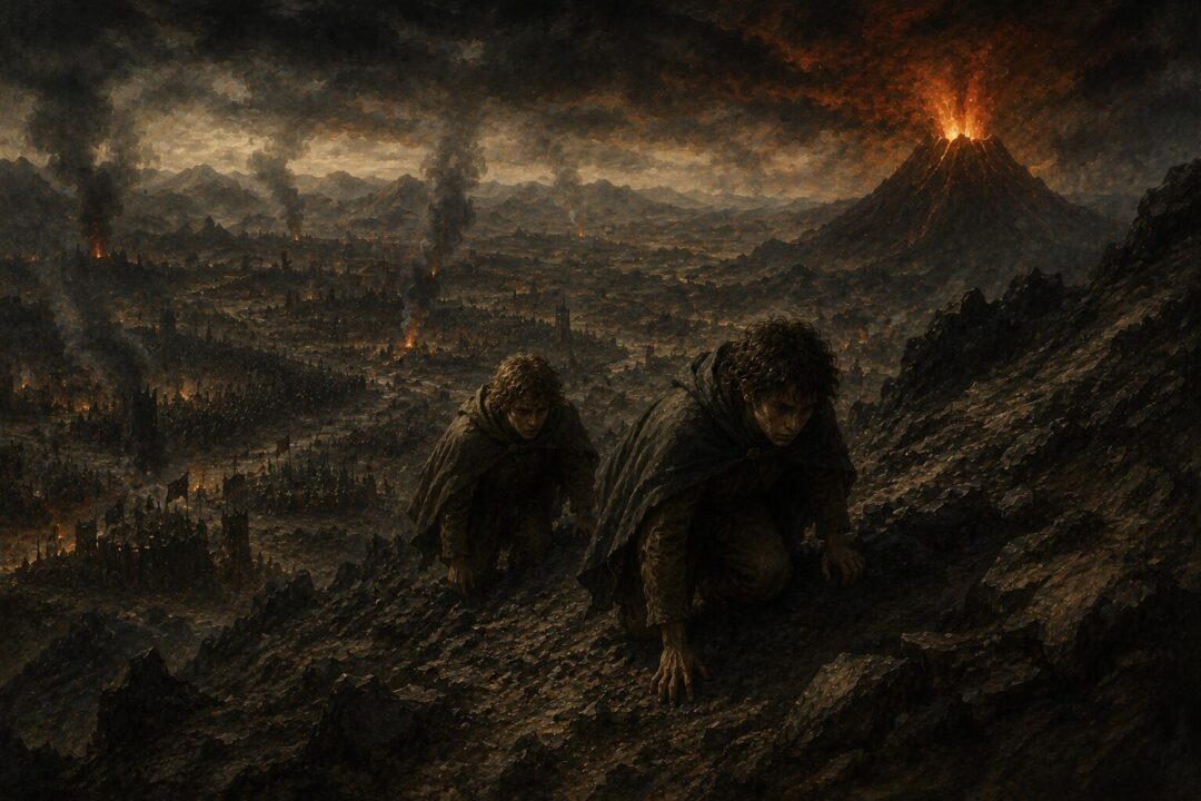 Frodo and Sam ascending Mount Doom while the larger war unfolds far away.