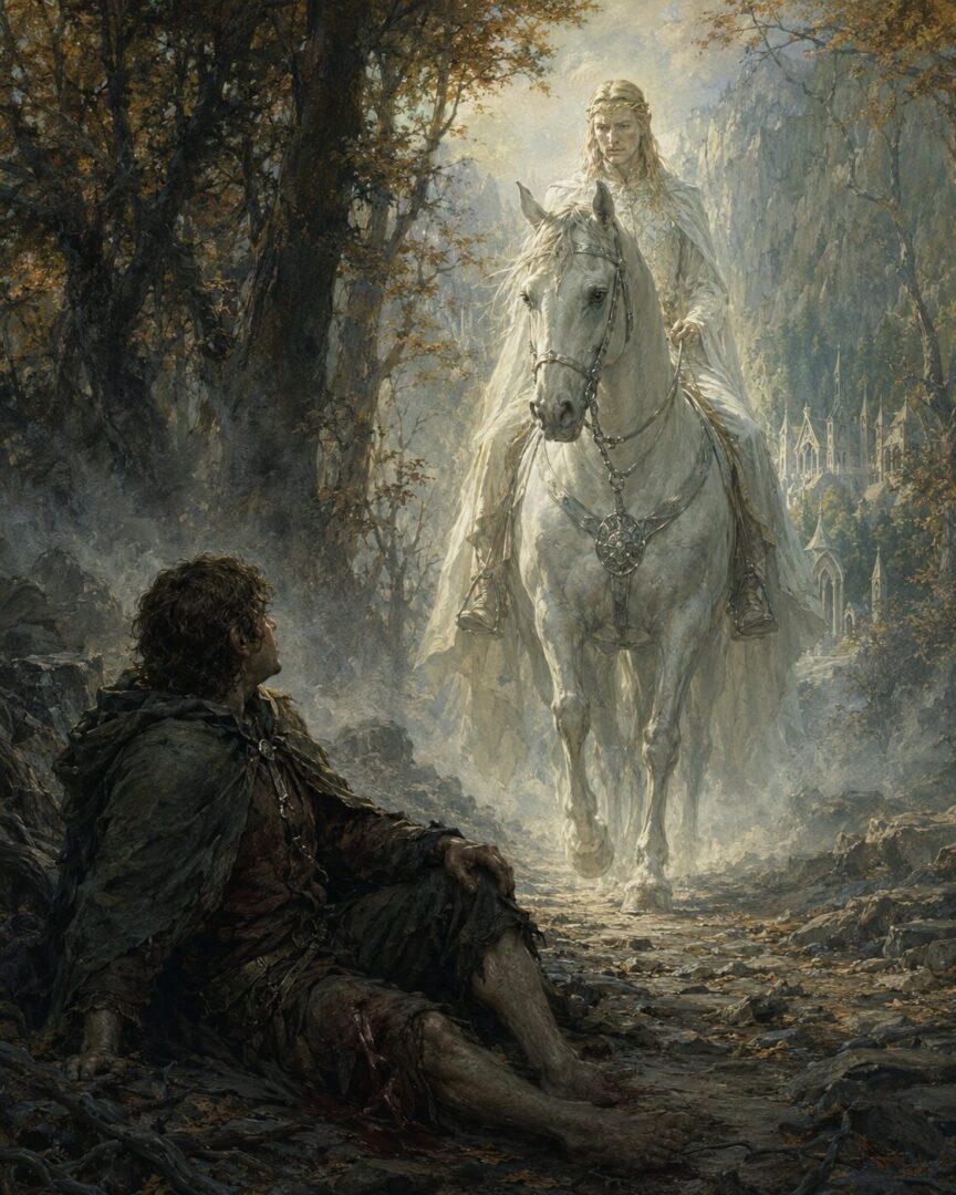Frodo sees Glorfindel approaching on a white horse with a hidden white radiance shining through him.