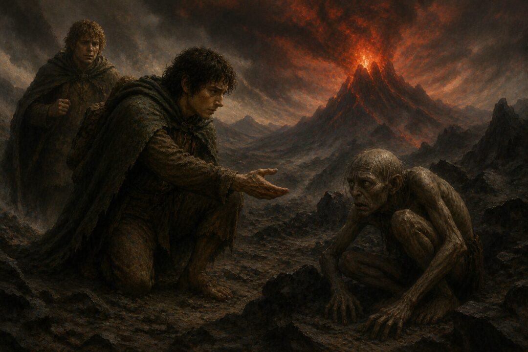 Frodo sparing Gollum on the desolate approaches to Mount Doom.
