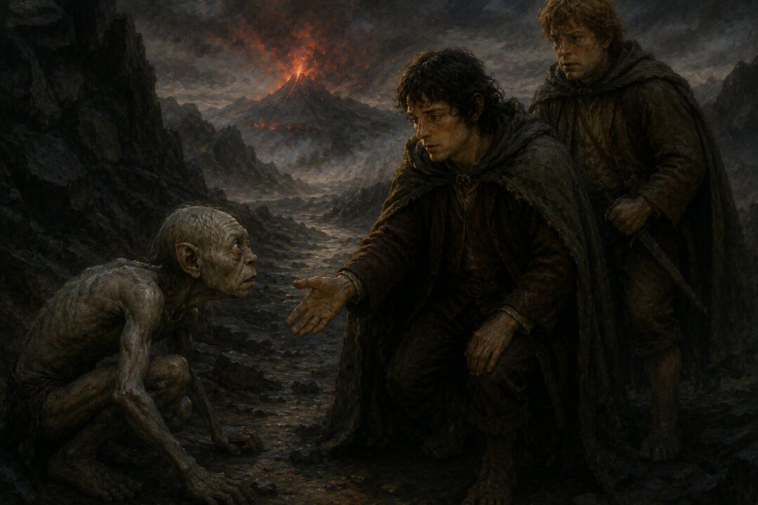 Frodo looks with pity toward Gollum while Sam stands tensely behind him near Mordor.