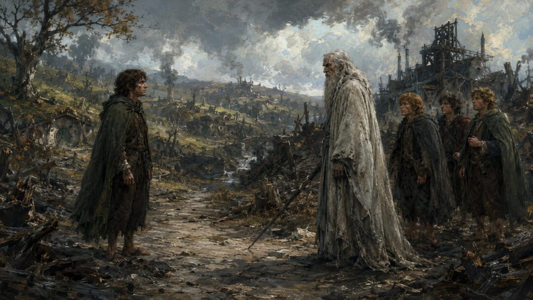 Frodo shows restraint before a diminished Saruman on a damaged Shire road after the scouring.