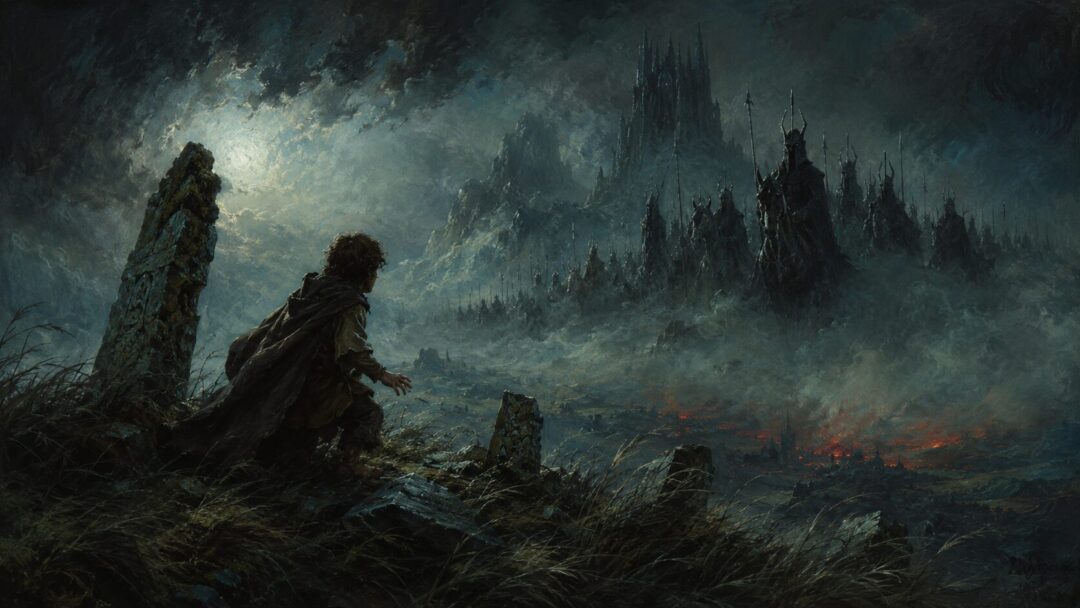 A frightened hobbit on a dark hilltop glimpsing shadowy wraith figures in the twilight world.