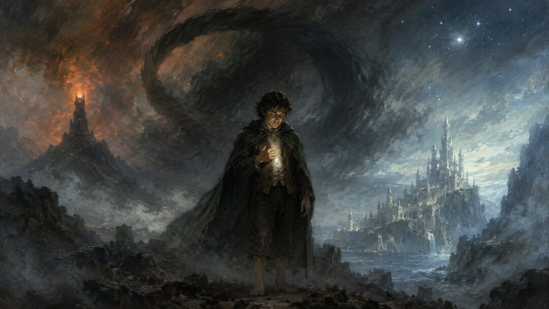Frodo wears Arwen’s glowing white gem as a gentle contrast to the dark memory of the One Ring.