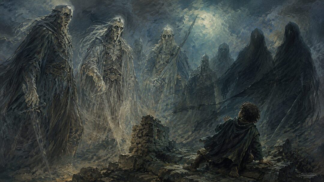 Frodo sees the Nazgûl as spectral ancient figures in the wraith-world at Weathertop.