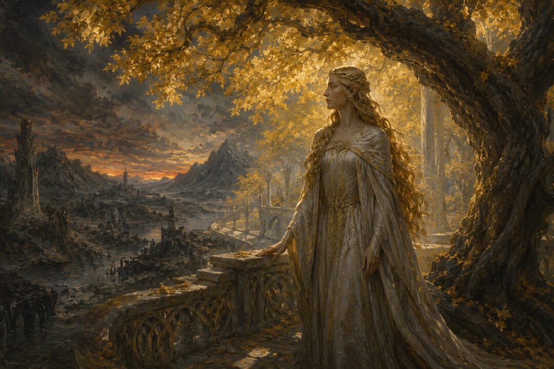 Galadriel beneath mallorn trees in the timeless beauty of Lothlórien