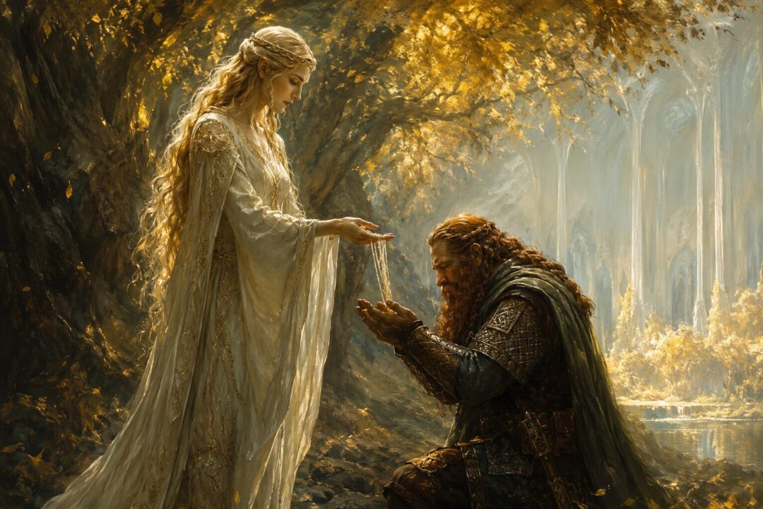 Galadriel presents Gimli with three strands of her hair beneath the mallorn trees of Lothlórien.