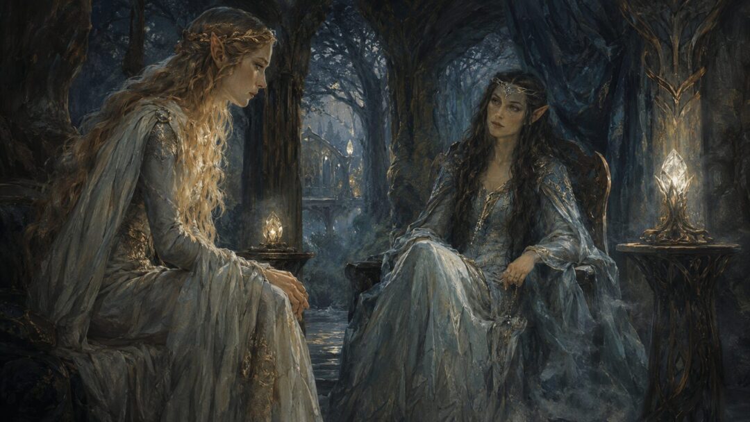 Galadriel speaking with Melian in Doriath, suggesting the hidden burden of the Noldorin exile.