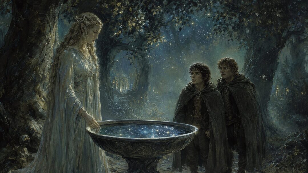 Galadriel stands beside her silver Mirror basin in Lothlórien as Frodo and Sam prepare to look into the water.
