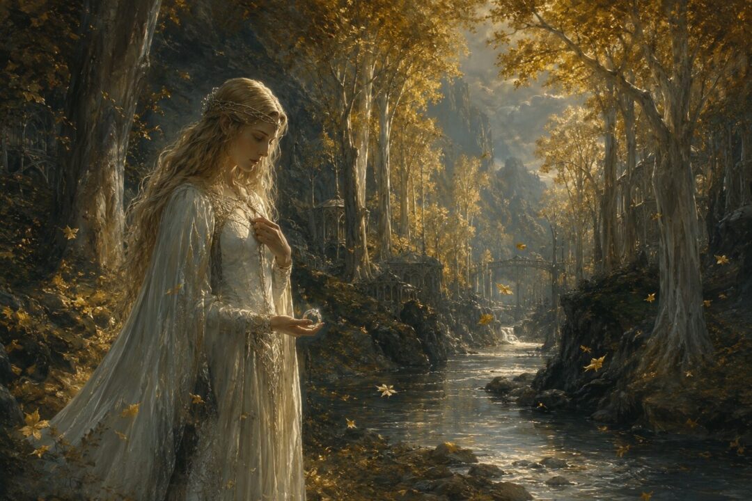Galadriel stands in twilight beneath golden mallorn trees in Lothlórien, suggesting the preserved beauty of Nenya.