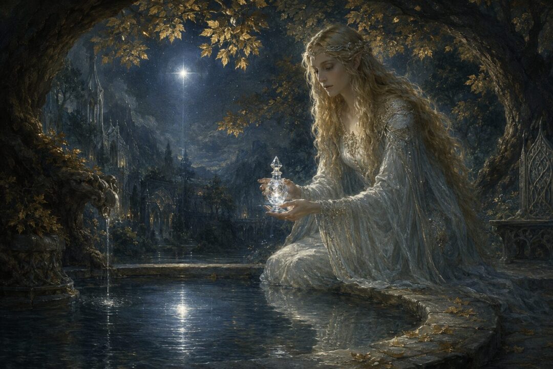 Galadriel stands beside a fountain in Lothlórien as star-light is reflected into a crystal Phial.